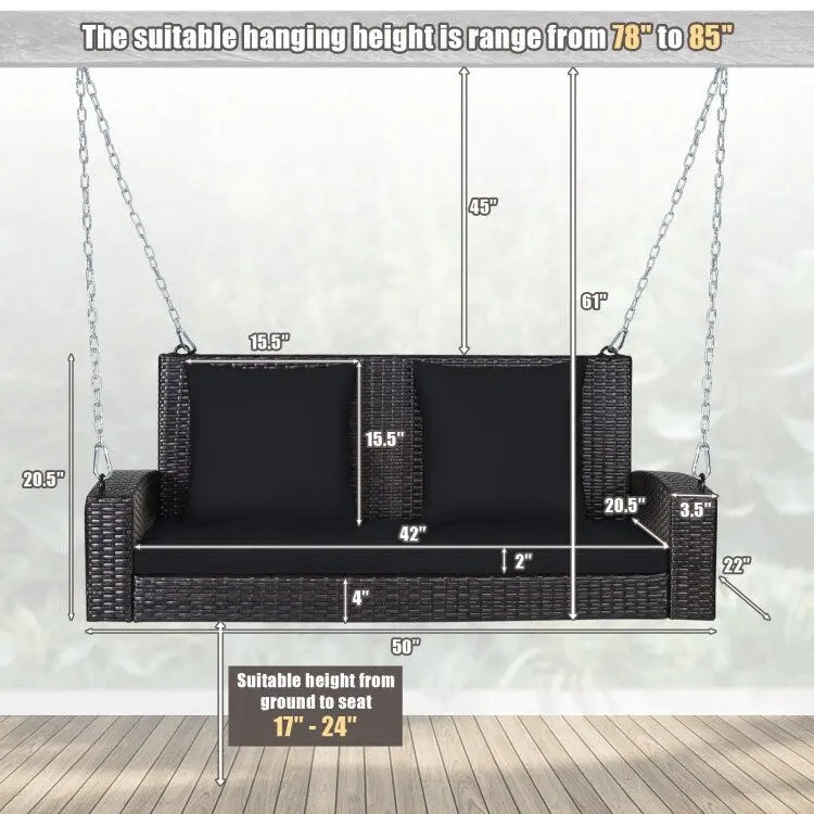 Balancelle suspendue en osier pour 2 personnes avec 2 coussins de dossier et 1 coussin d'assise - 50 x 22 x 20,5 (L x l x H)