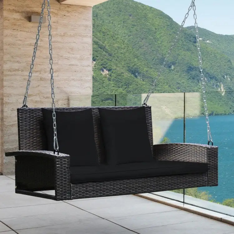 Balancelle suspendue en osier pour 2 personnes avec 2 coussins de dossier et 1 coussin d'assise - 50 x 22 x 20,5 (L x l x H)