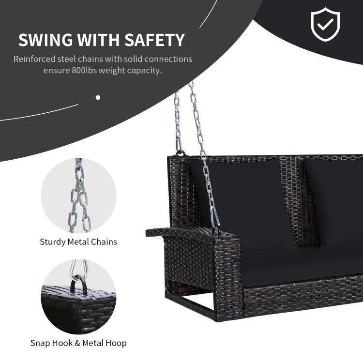 Balancelle suspendue en osier pour 2 personnes avec 2 coussins de dossier et 1 coussin d'assise - 50 x 22 x 20,5 (L x l x H)