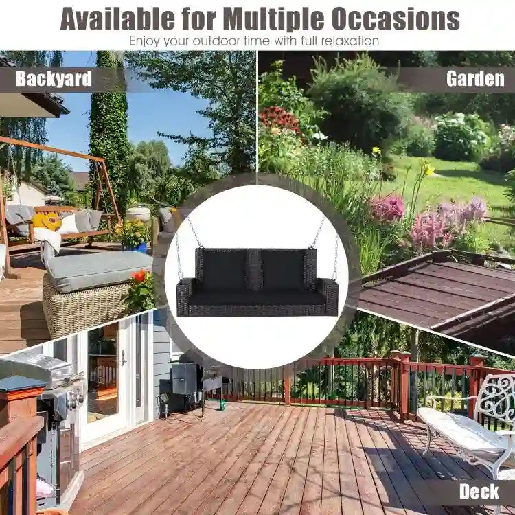 Balancelle suspendue en osier pour 2 personnes avec 2 coussins de dossier et 1 coussin d'assise - 50 x 22 x 20,5 (L x l x H)