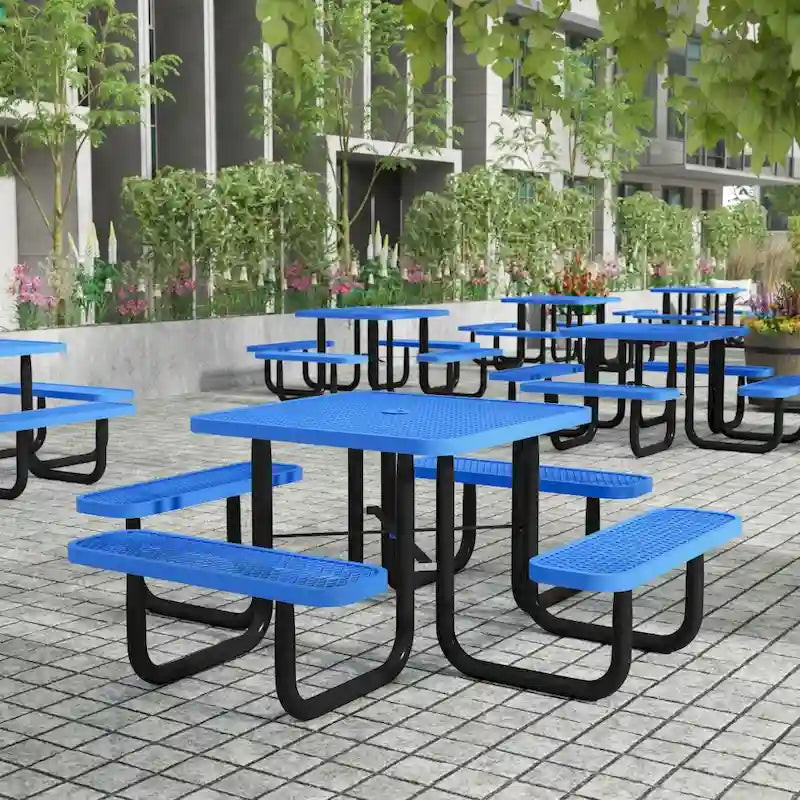 Commercial Grade Expanded Mesh Metal Outdoor Picnic Table with Anchors - 79.75 D x 79.75 W x 28.75 H