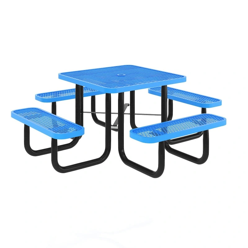 Table de pique-nique extérieure en métal à mailles déployées de qualité commerciale avec ancrages - 202,6 cm (P) x 202,6 cm (L) x 73 cm (H)