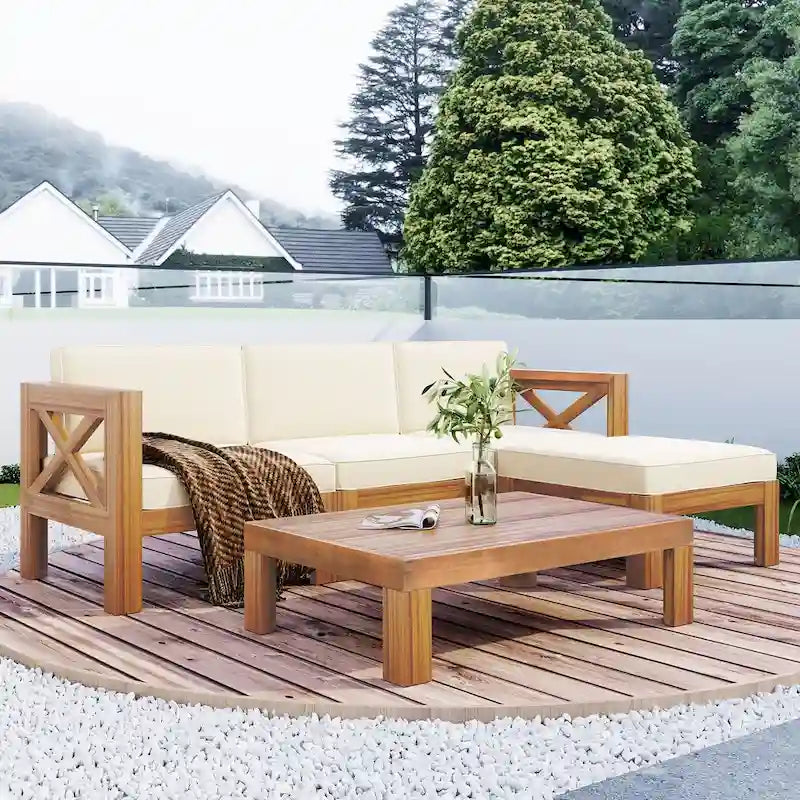 Ensemble de canapés d'angle 5 pièces en bois pour patio avec coussins