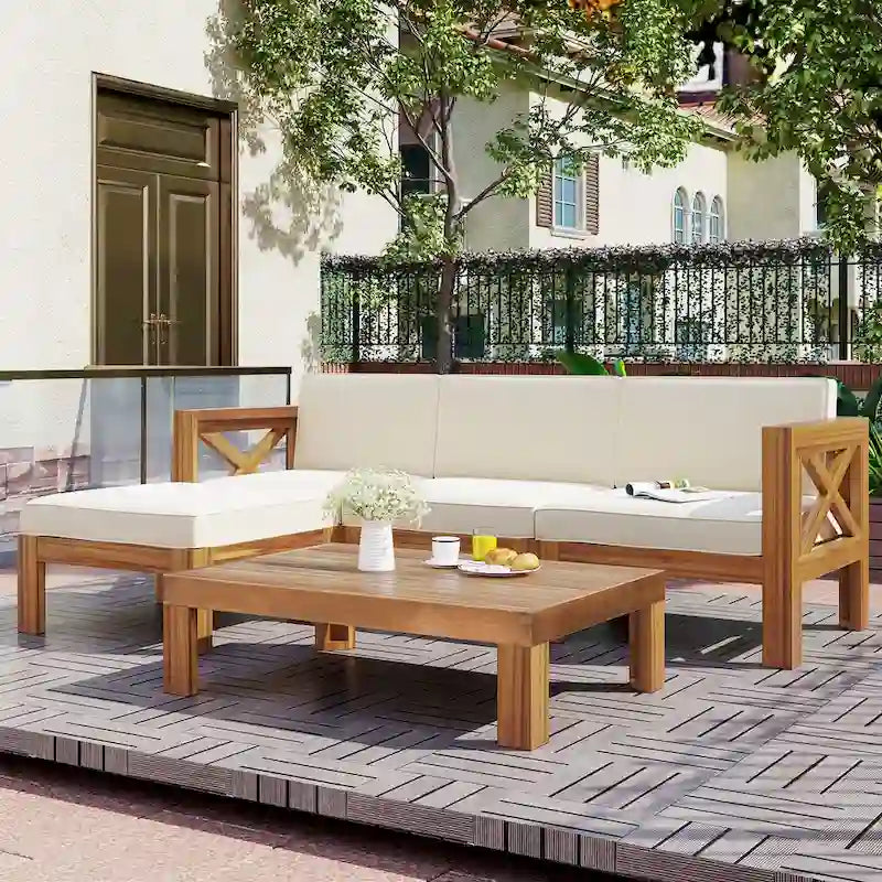 Ensemble de canapés d'angle 5 pièces en bois pour patio avec coussins