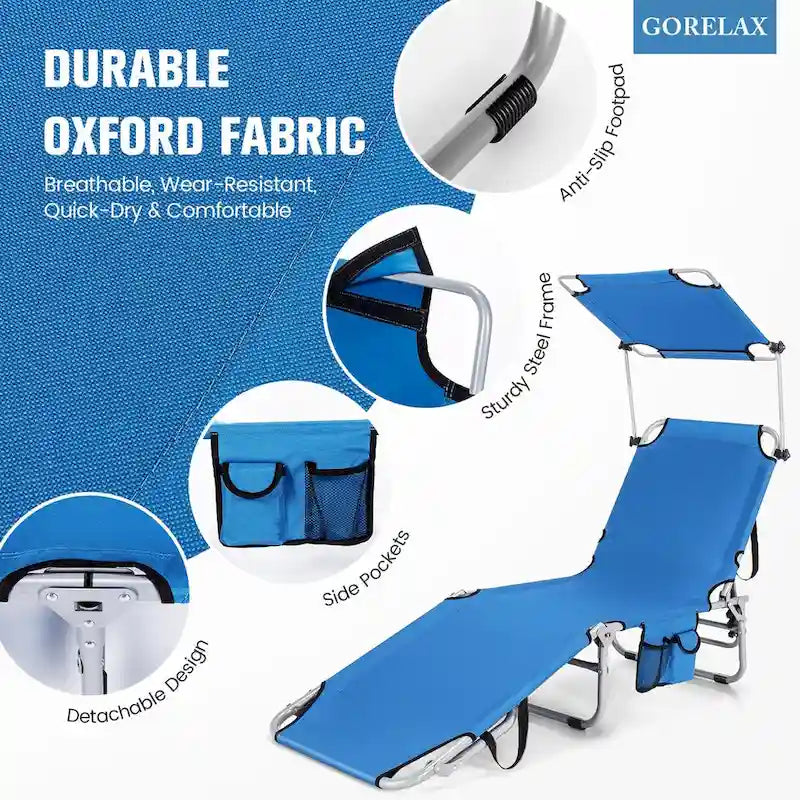 Chaise longue d'extérieur inclinable réglable en 5 positions avec auvent