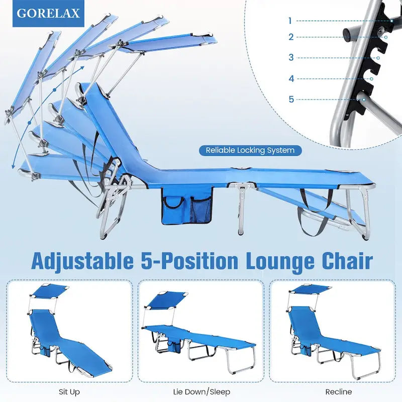 Chaise longue d'extérieur inclinable réglable en 5 positions avec auvent