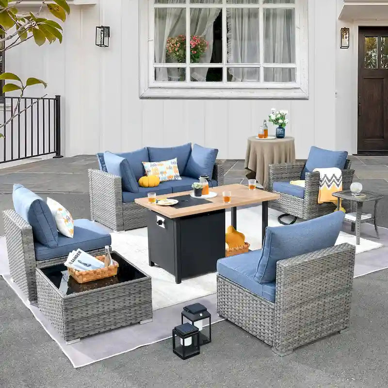 Ensemble de mobilier de patio d'extérieur 8 pièces en osier gris avec foyer HOOOWOOO