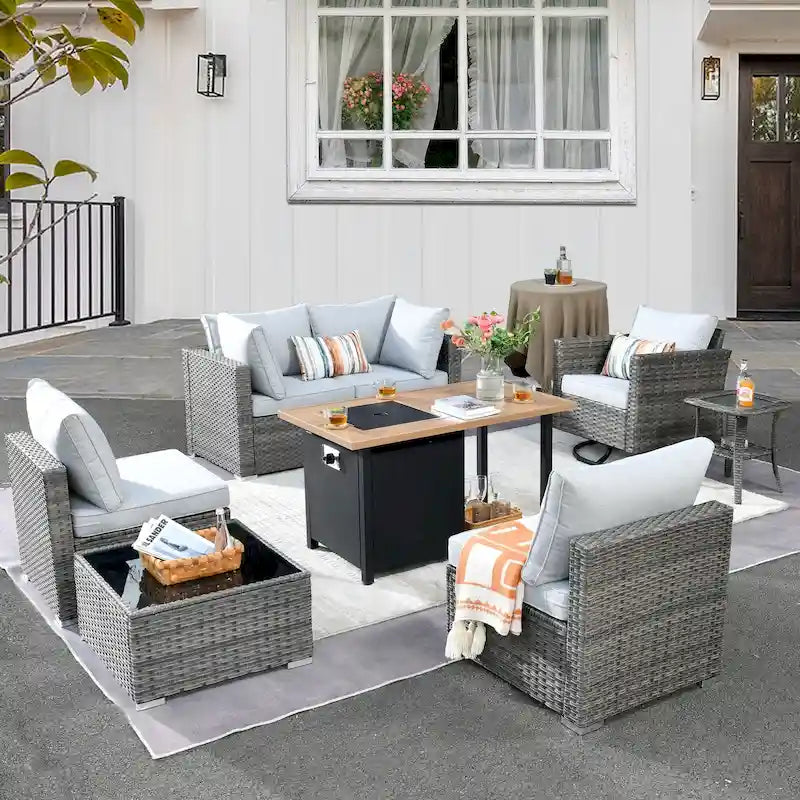 Ensemble de mobilier de patio d'extérieur 8 pièces en osier gris avec foyer HOOOWOOO