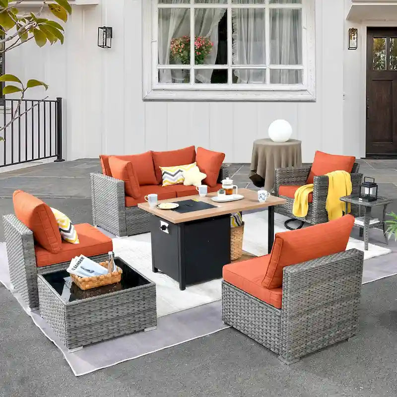 Ensemble de mobilier de patio d'extérieur 8 pièces en osier gris avec foyer HOOOWOOO