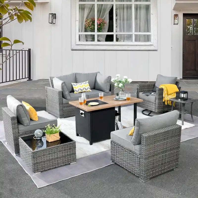 Ensemble de mobilier de patio d'extérieur 8 pièces en osier gris avec foyer HOOOWOOO