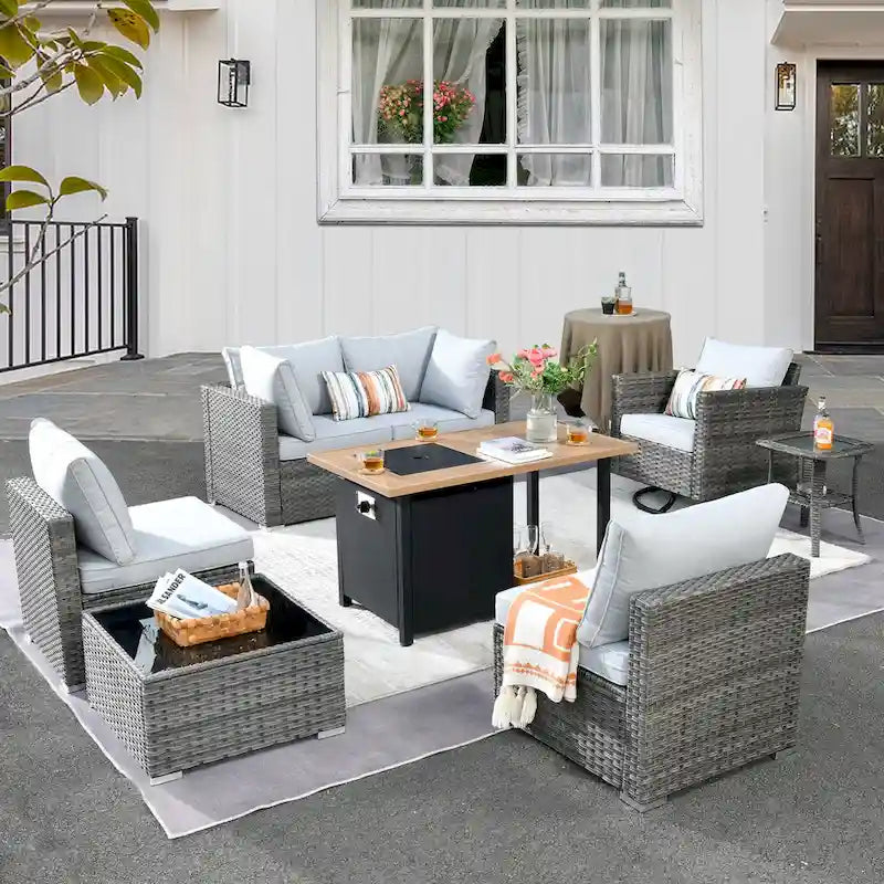 HOOOWOOO 8-piece Grey Wicker Outdoor Patio Furniture Sectional Set with Fire Pit