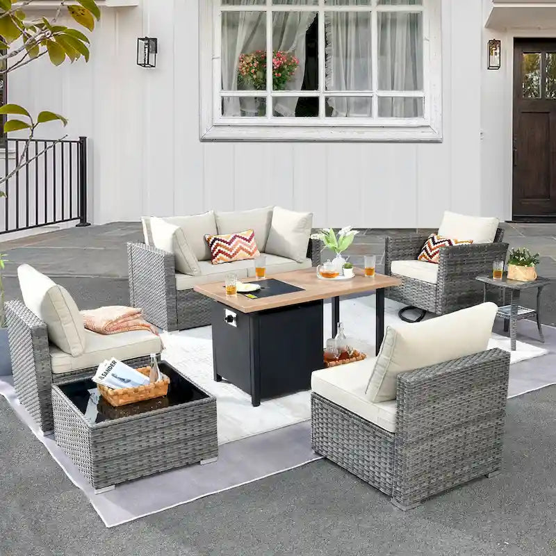 Ensemble de mobilier de patio d'extérieur 8 pièces en osier gris avec foyer HOOOWOOO