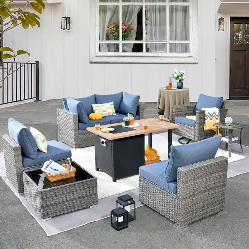 Ensemble de mobilier de patio d'extérieur 8 pièces en osier gris avec foyer HOOOWOOO