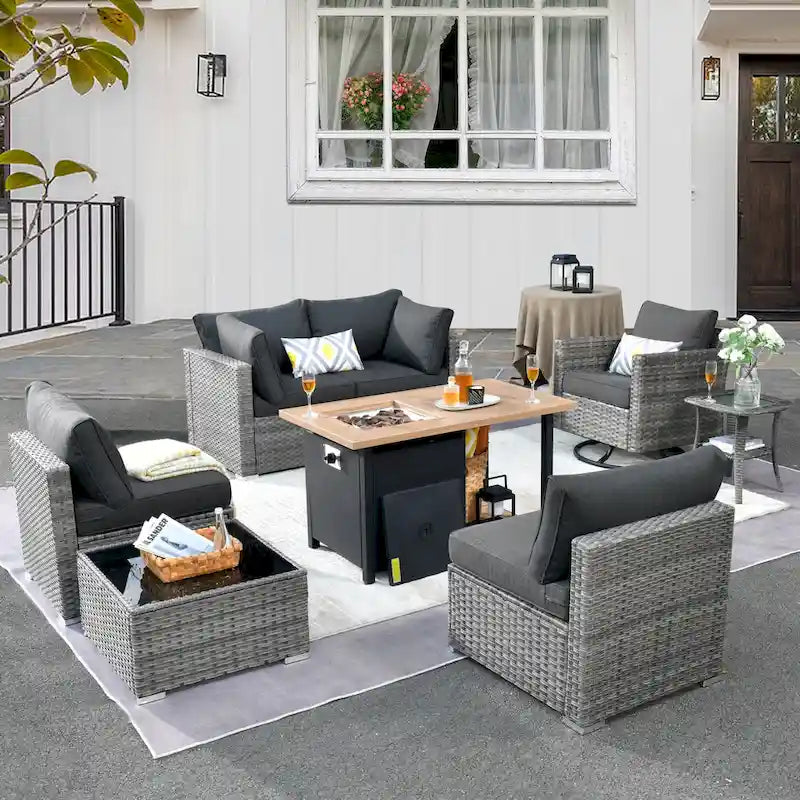 Ensemble de mobilier de patio d'extérieur 8 pièces en osier gris avec foyer HOOOWOOO