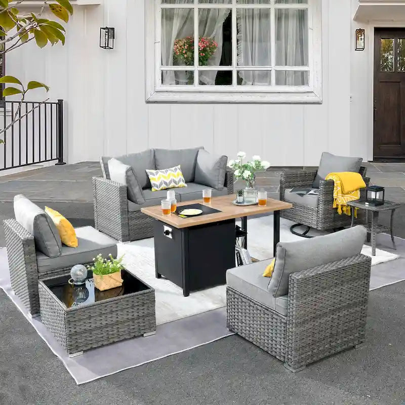 Ensemble de mobilier de patio d'extérieur 8 pièces en osier gris avec foyer HOOOWOOO