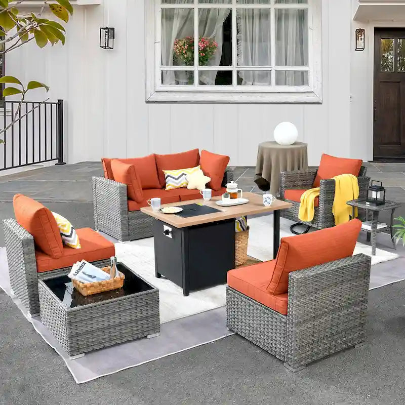Ensemble de mobilier de patio d'extérieur 8 pièces en osier gris avec foyer HOOOWOOO