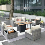 Ensemble de mobilier de patio d'extérieur 8 pièces en osier gris avec foyer HOOOWOOO