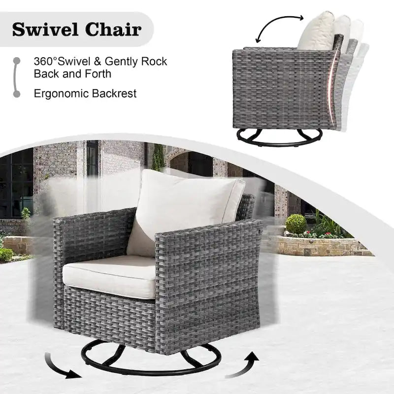 Ensemble de mobilier de patio d'extérieur 8 pièces en osier gris avec foyer HOOOWOOO