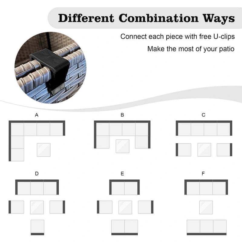 Ensemble de mobilier de patio d'extérieur 8 pièces en osier gris avec foyer HOOOWOOO