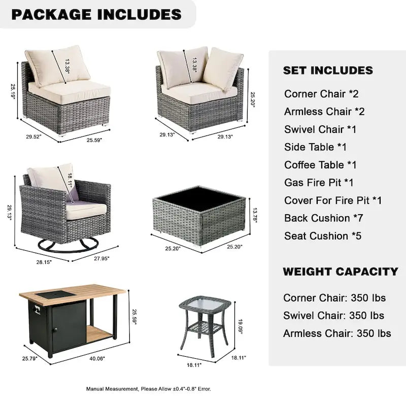 Ensemble de mobilier de patio d'extérieur 8 pièces en osier gris avec foyer HOOOWOOO