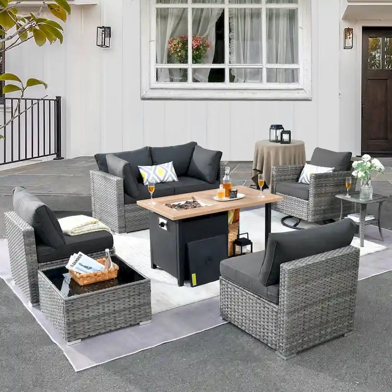Ensemble de mobilier de patio d'extérieur 8 pièces en osier gris avec foyer HOOOWOOO