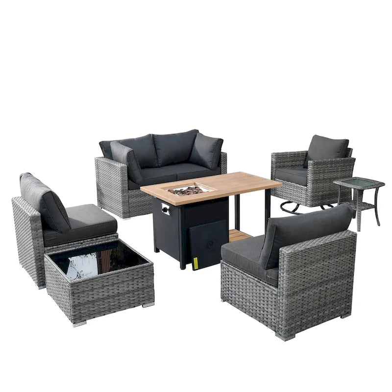 Ensemble de mobilier de patio d'extérieur 8 pièces en osier gris avec foyer HOOOWOOO