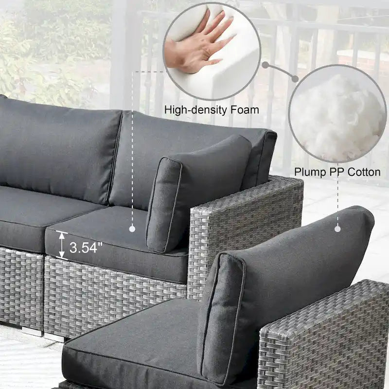 Ensemble de mobilier de patio d'extérieur 8 pièces en osier gris avec foyer HOOOWOOO