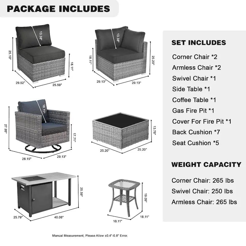 Ensemble de mobilier de patio d'extérieur 8 pièces en osier gris avec foyer HOOOWOOO