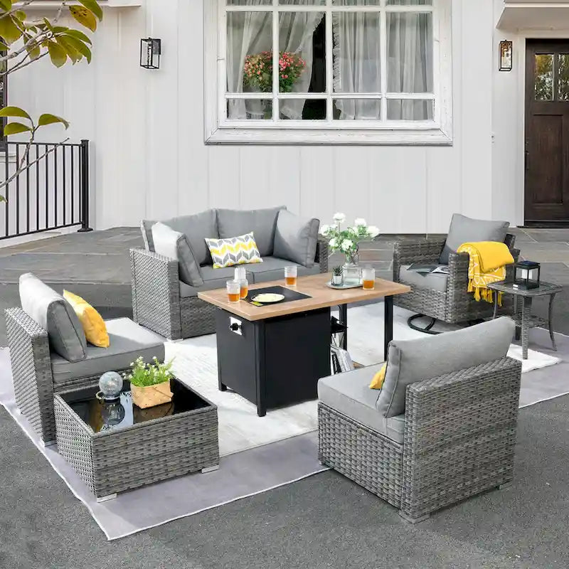 Ensemble de mobilier de patio d'extérieur 8 pièces en osier gris avec foyer HOOOWOOO