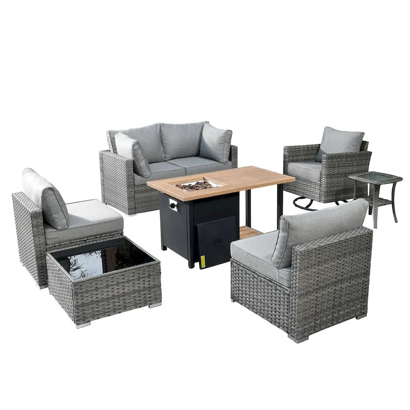 Ensemble de mobilier de patio d'extérieur 8 pièces en osier gris avec foyer HOOOWOOO