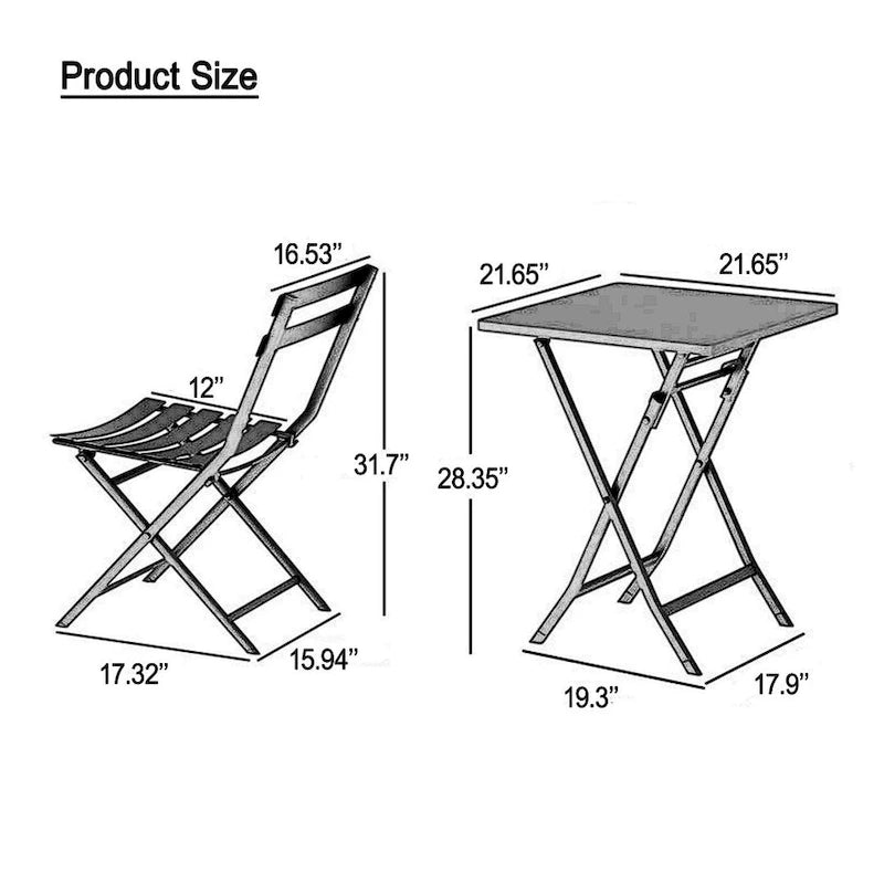 Ensemble bistro de patio 3 pièces comprenant une table carrée pliable et des chaises - 72 cm (H) x 55 cm (l) x 55 cm (P)