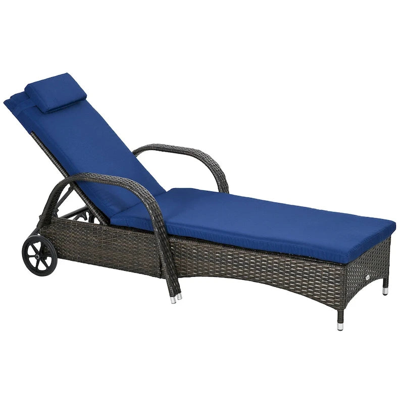 Chaise longue d'extérieur, dossier réglable sur 5 positions et roulettes, facile à déplacer, bleu foncé