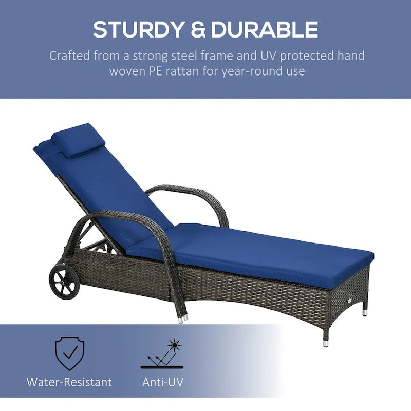 Chaise longue d'extérieur, dossier réglable sur 5 positions et roulettes, facile à déplacer, bleu foncé