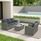 Mobilier de jardin, mobilier d'extérieur, mobilier saisonnier en résine tressée, ensemble de 5 meubles en résine tressée avec plateau de table en verre trempé