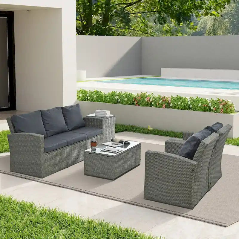 Mobilier de jardin, mobilier d'extérieur, mobilier saisonnier en résine tressée, ensemble de 5 meubles en résine tressée avec plateau de table en verre trempé