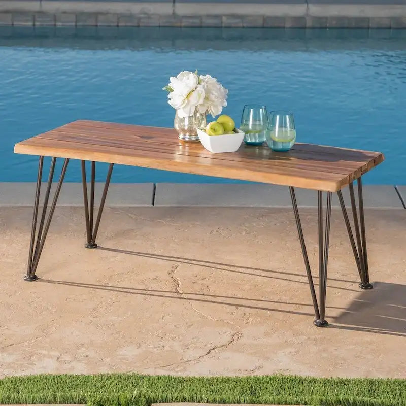Coffee Table Teak Wood and Metal Rustic Patio Furniture by Christopher Knight Home