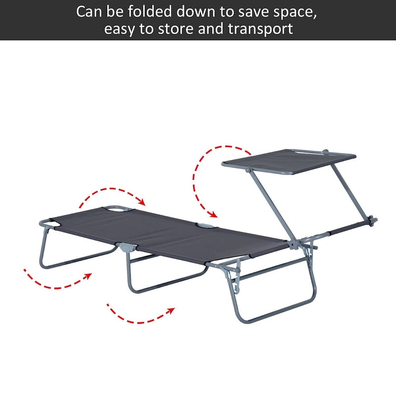 Chaise longue portable d'extérieur, chaise longue pliante réglable avec pare-soleil