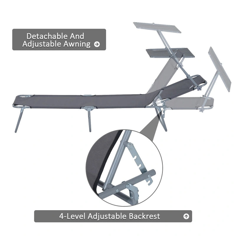 Chaise longue portable d'extérieur, chaise longue pliante réglable avec pare-soleil