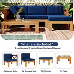 Ensemble de canapé d'angle d'extérieur 5 pièces en bois d'acacia naturel avec tissu résistant à l'eau