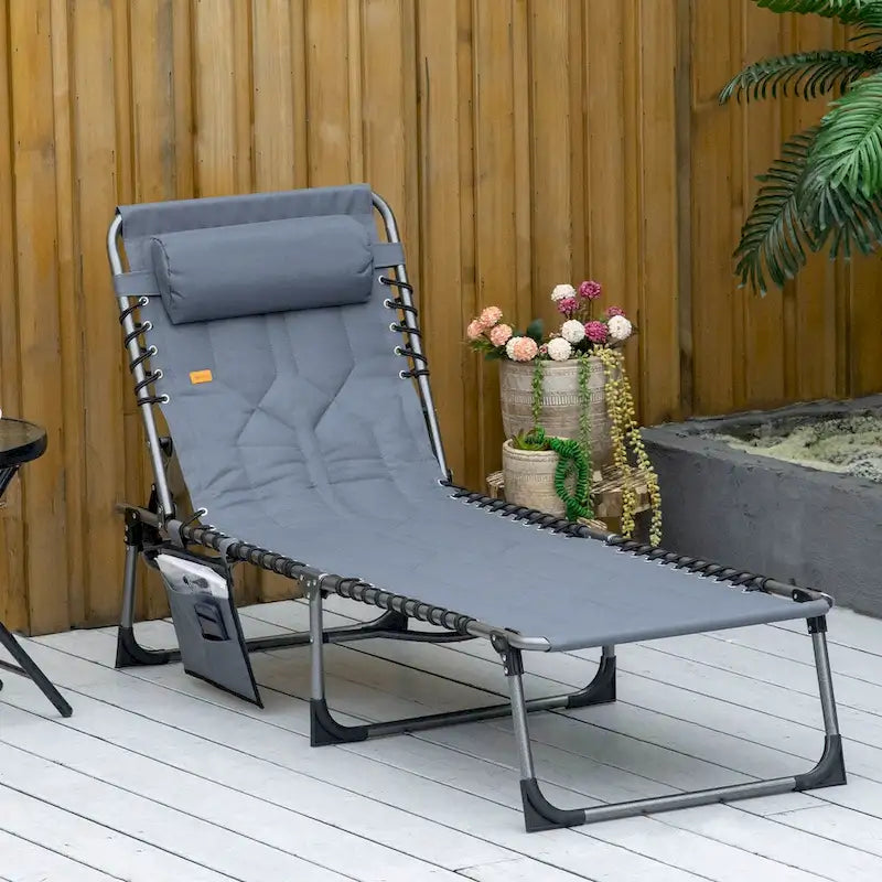 Patio Padded Folding Chaise Lounge Chair, Outdoor 6-Level Reclining Camping Tanning Chair with Headrest