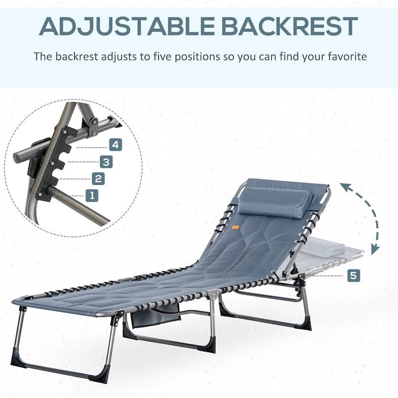 Chaise longue pliante rembourrée pour terrasse, chaise de camping inclinable à 6 positions avec appui-tête