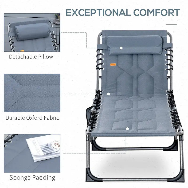 Chaise longue pliante rembourrée pour terrasse, chaise de camping inclinable à 6 positions avec appui-tête