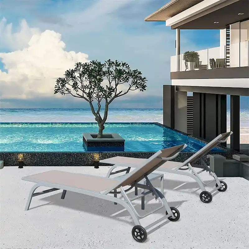 5 Adjustable Aluminium Outdoor Chaise Lounge Chair with Wheels Set of 2 - N/A
