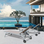 5 Adjustable Aluminium Outdoor Chaise Lounge Chair with Wheels Set of 2 - N/A