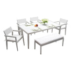 Ensemble de salle à manger d'extérieur 6 pièces en aluminium blanc mat avec coussins grisâtres et trou pour parasol