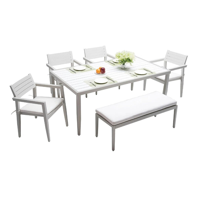 Ensemble de salle à manger d'extérieur 6 pièces en aluminium blanc mat avec coussins grisâtres et trou pour parasol