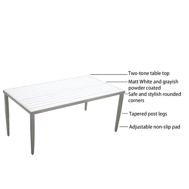 Ensemble de salle à manger d'extérieur 6 pièces en aluminium blanc mat avec coussins grisâtres et trou pour parasol