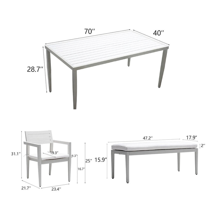 Ensemble de salle à manger d'extérieur 6 pièces en aluminium blanc mat avec coussins grisâtres et trou pour parasol