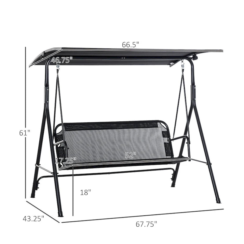 Balançoire de patio en métal noir pour 2 personnes, 172 cm (67,75 po), avec auvent inclinable réglable