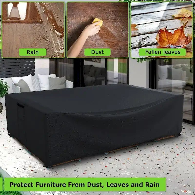 Housse de protection imperméable et résistante aux intempéries pour mobilier de jardin, canapé d'angle, table et chaises.